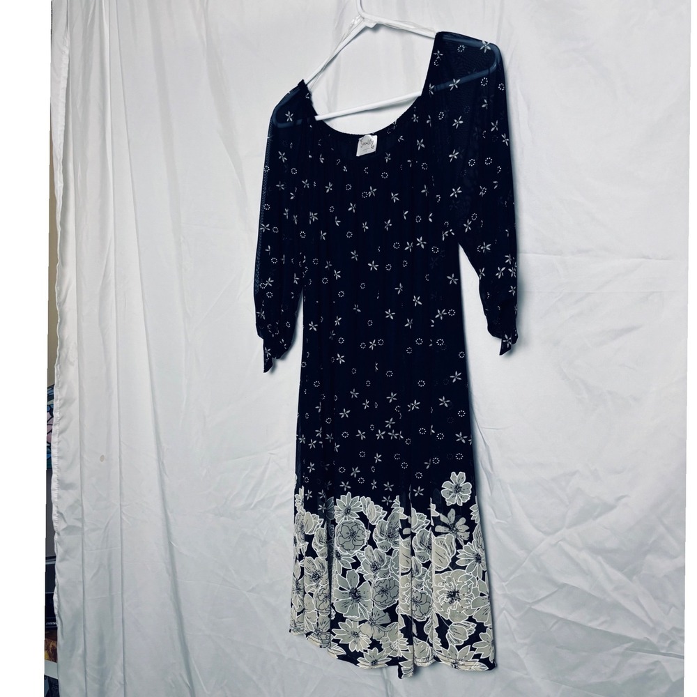 Sirenlily Navy Blue Floral Midi Dress 3/4 Sleeve Tie Cuff Large Border Print L